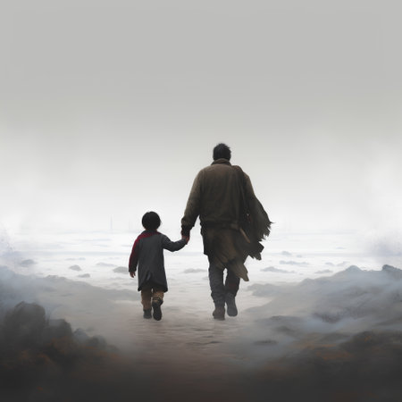 Father and son walking in the misty landscape. Conceptual image.の素材