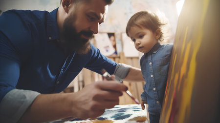 Father and son painting on canvas in art studio. Concept of family leisure.の素材