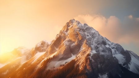 Beautiful winter mountain landscape with snow-capped peaks at sunsetの素材