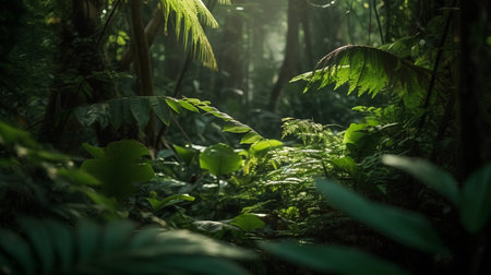 Tropical forest with green ferns and sunlight in the morningの素材