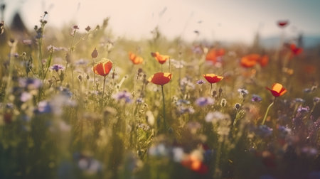 poppy flowers in a meadow at sunset, retro tonedの素材