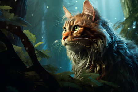 Fantasy portrait of a beautiful Maine Coon cat in the forest.の素材