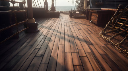 Wooden deck of a sailing ship with ropes and ropes in the sunlightの素材
