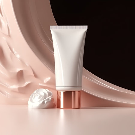 3d render of cosmetic cream bottle with rose on a brown backgroundの素材