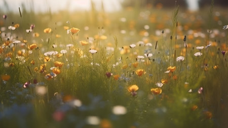 Wild flowers in the meadow at sunset, shallow depth of fieldの素材