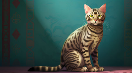 Vector illustration of a cat sitting in front of a turquoise wallの素材