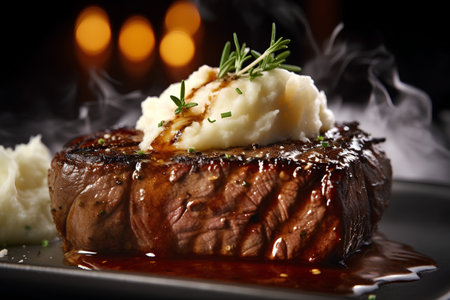 Beef steak with mashed potatoes and herbs on a black background.の素材