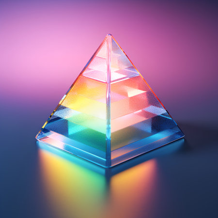 3d illustration of pyramid with colorful light on a colored background.の素材