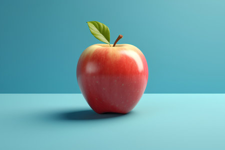 Red apple with green leaf on blue background, 3d render illustrationの素材