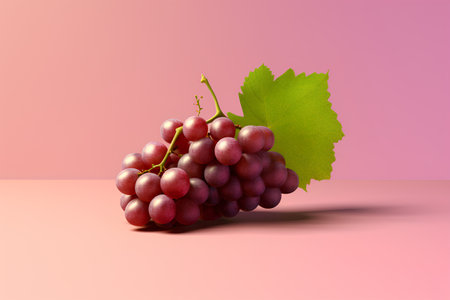 Bunch of red grapes with leaf on pink background. 3d illustrationの素材