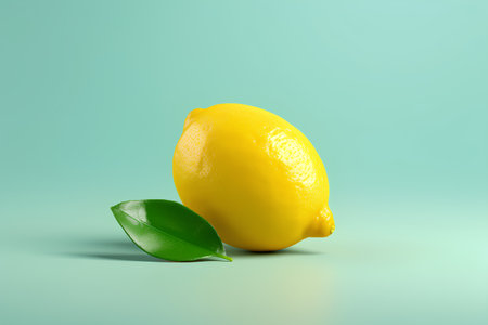 Lemon with leaf on turquoise background. 3d renderingの素材