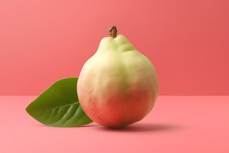 Ripe pear with green leaf on pink background. 3d renderの素材