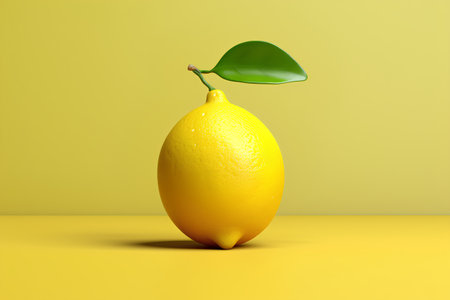 Lemon with leaf on yellow background. Minimal concept. 3d renderの素材