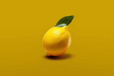 Lemon with leaf isolated on yellow background. Minimal style.の素材