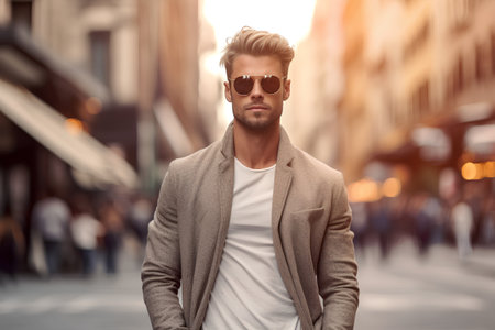 Handsome young man in sunglasses on a city street. Men's beauty, fashion.の素材