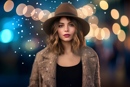 Beautiful young woman in hat over bokeh lights background.の素材