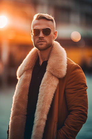 Portrait of a handsome young man in a coat and sunglasses. Men's beauty, fashion.の素材