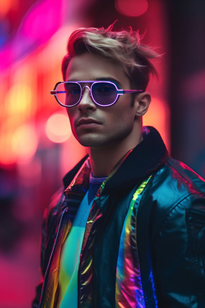 Handsome young man in stylish sunglasses on the background of colorful neon lightsの素材