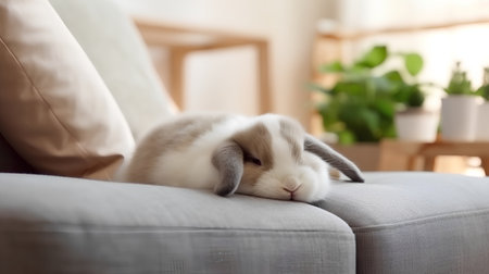 Cute little rabbit sleeping on sofa at home, close-upの素材