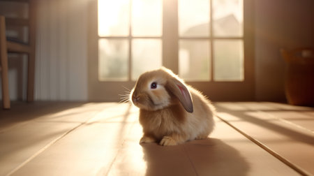 Cute little rabbit sitting on the floor in the room with sunlightの素材