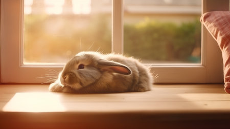 Cute rabbit lying on the windowsill and looking out the windowの素材