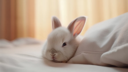 Cute white rabbit on the bed in the morning, soft focusの素材