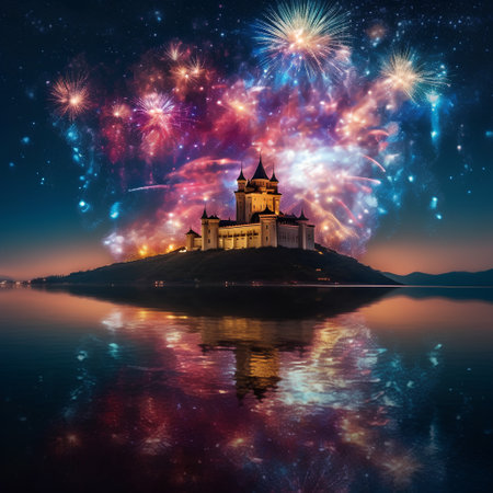 Castle on the island and fireworks in the sky. 3D renderingの素材