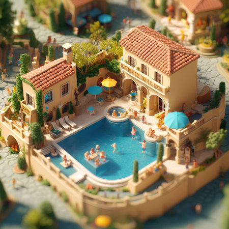 Miniature city with swimming pool and swimming pool. 3d illustrationの素材