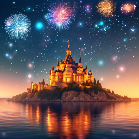 Castle on island with fireworks in the sky. 3d renderingの素材