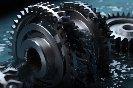 3d illustration of gear wheel over blue background with water drops.の素材