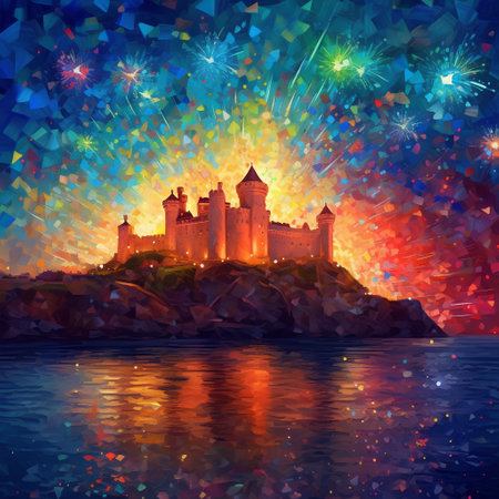 Castle and fireworks on the background of the sea. Illustrationの素材