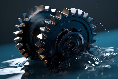 3d illustration of gear wheel in water. Abstract industrial background.の素材
