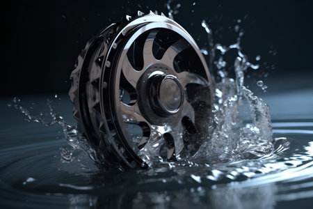 Car wheel in water with splash on dark background. 3d renderの素材