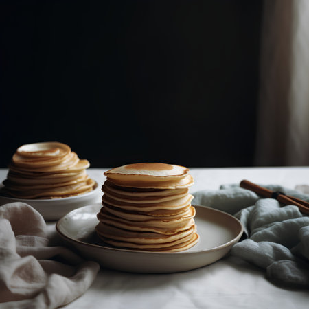 Stack of pancakes on a white plate and napkin. Dark background.の素材