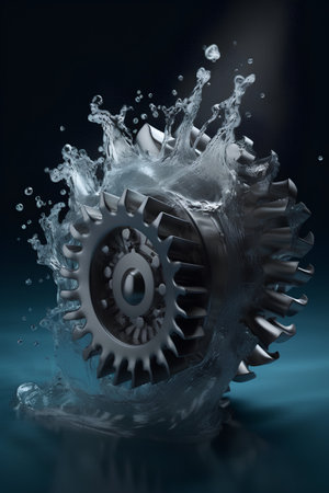 3d render of gear wheel with water splash on dark background.の素材