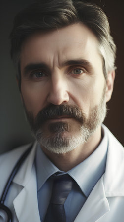Portrait of a serious mature male doctor with a stethoscope.の素材