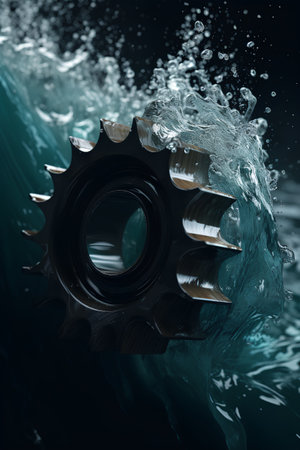 Gear and water splash on black background. 3d rendering, 3d illustration.の素材