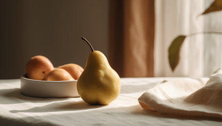 Still life with yellow pear and apricots on a white tablecloth.の素材