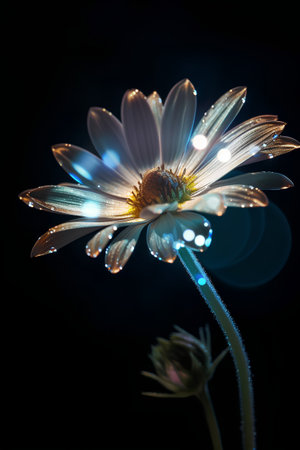 Beautiful daisy flower with dew drops on a black backgroundの素材