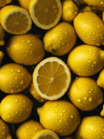 Lemons background with water drops. Top view, flat layの素材