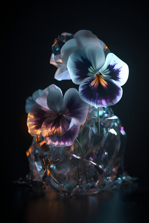 Blue pansy flowers in glass vase on black background. 3d renderの素材