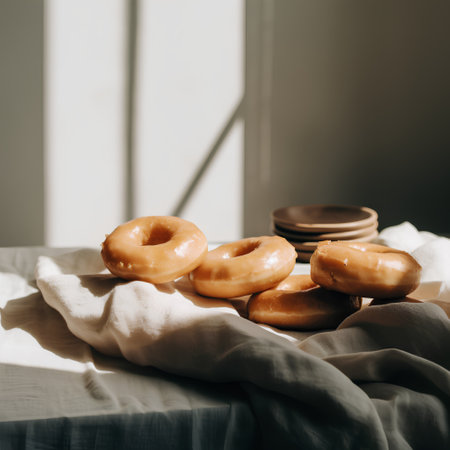 delicious sweet donuts on the table in the morning light.の素材