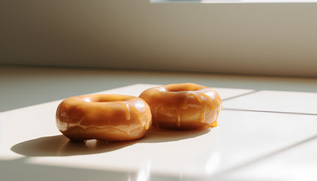 Two caramel candies on a white background with shadows and sunlight.の素材