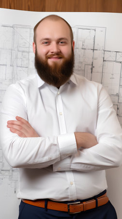 Portrait of a young bearded man in a white shirt and blue trousers.の素材