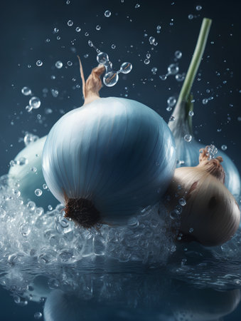 Fresh onion and garlic with water drops on blue background. Vegetarian foodの素材