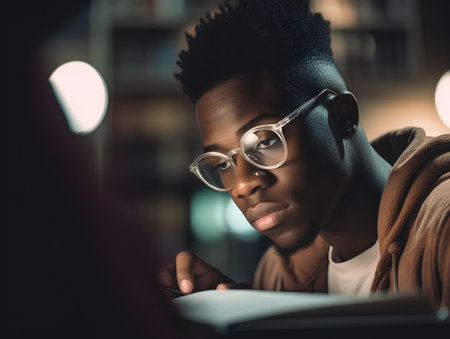 Young african american man in eyeglasses studying at nightの素材