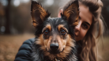 Portrait of a young woman with her dog in the autumn parkの素材