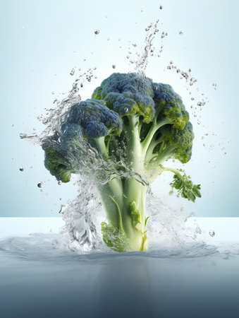 Broccoli with water splash isolated on blue background. 3d illustrationの素材