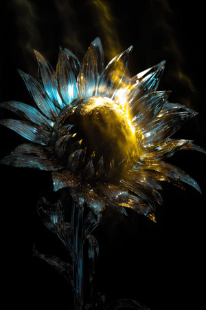 sunflower with rays of light on a black background. 3d illustrationの素材