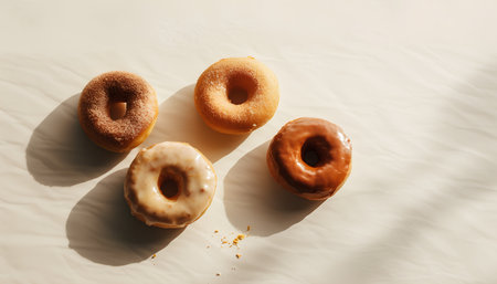 top view of tasty glazed donuts on white background with shadowsの素材